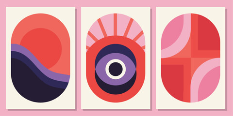Vibrant pink abstract poster set. Collection of 3 posters in a modern, bold, eclectic style. Cool geometric illustration design. 