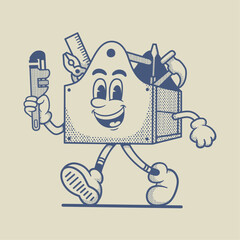 Vintage retro mascot Wooden Tool Box Character