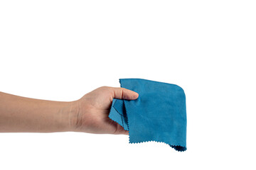 Hand and crumpled microfiber cleaning cloth, isolated on transparent background