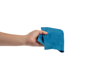 Hand and crumpled microfiber cleaning cloth, isolated on transparent background