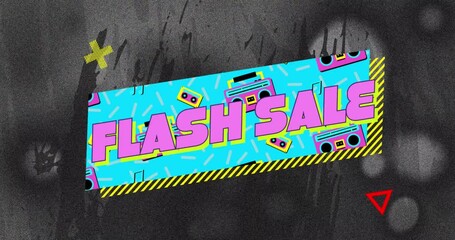 Animation of flash sale text on retro speech bubble with abstract shapes - Powered by Adobe