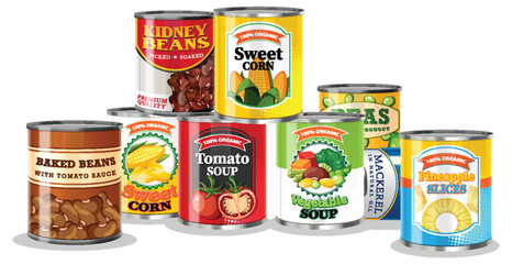 Group of canned food - obrazy, fototapety, plakaty