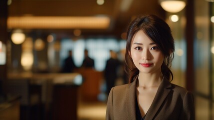Portrait of a Japanese hotel receptionist against a hotel reception background.