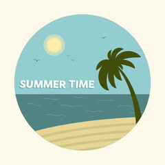 Summer time. Nautical sticker. Design card, postcard. Palm tree, ocean and beach. Flat vector illustration.