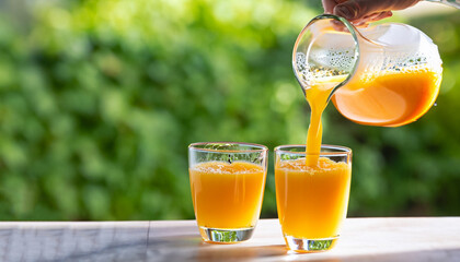Pouring orange juice stream from jug into glass with blurred sunny green garden as background