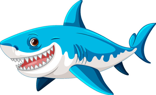 A cartoon illustration of a great white shark smiling and swimming in a blue colour, isolated on white