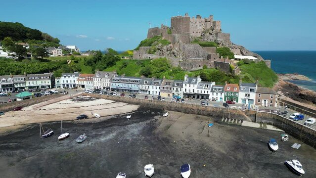 Gorey, harbour Mont Orgueil Castle , Jersey Channel Islands drone,aerial
