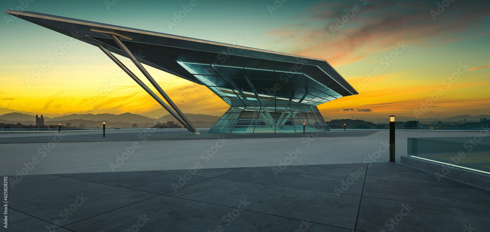 Poster 3d empty concrete floor with polygon shape design modern building exterior