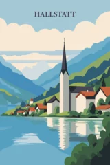Fotobehang Austria Hallstatt beautiful village view with lake landscape brochure. Abstract houses on a shore vector flat poster of Gmunden region © Anastasiia
