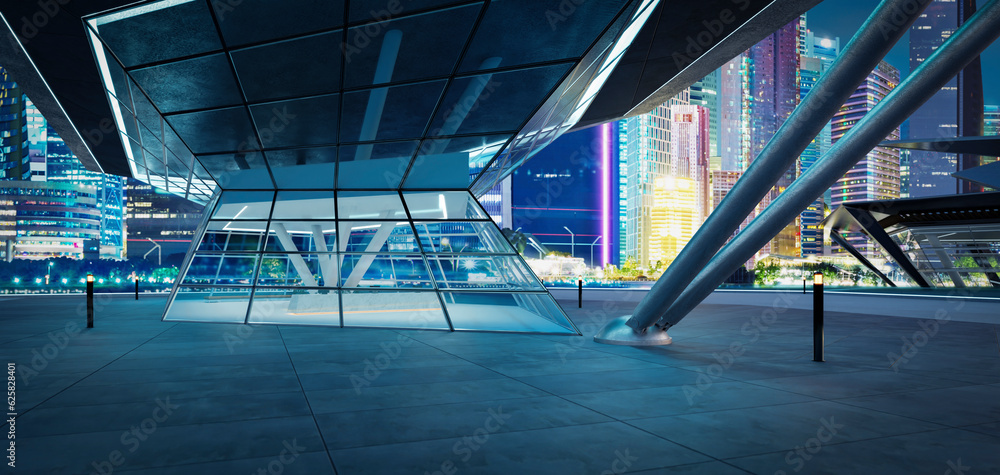 Poster 3d empty concrete floor with polygon shape design modern building exterior