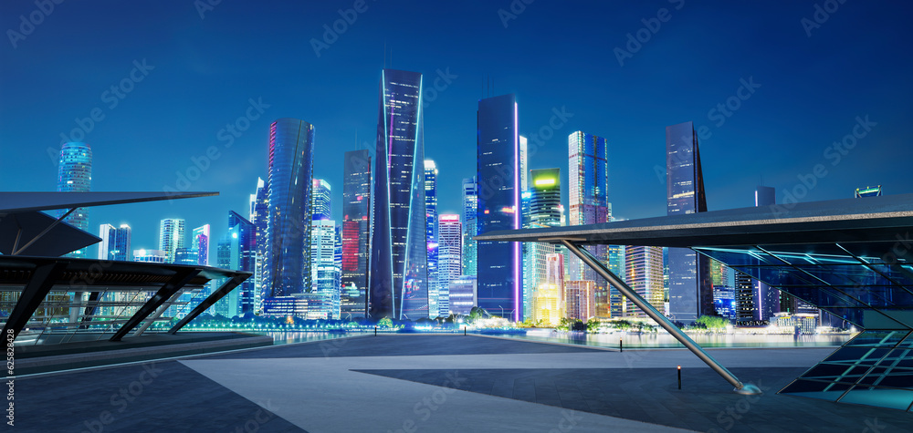 Poster 3d empty concrete floor with polygon shape design modern building exterior