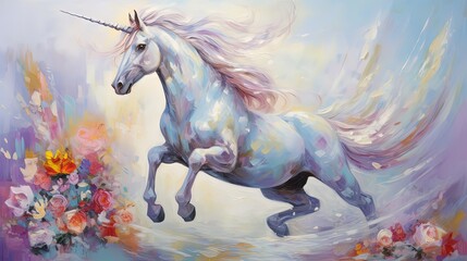 Obraz na płótnie Canvas painting style illustration, dream unicorn portrait in running gallop motion, Generative Ai
