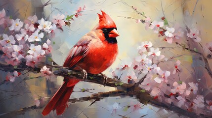 painting style illustration, cardinal bird on flower branch, Generative Ai