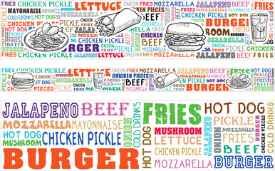 Chalkboard Doodle Food Banner, Colourful Vector food chalk, Restaurant wall Graphics, Word Cloud Typography,