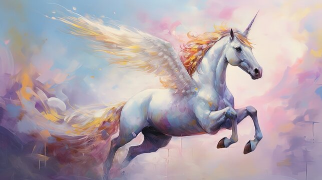 painting style illustration, dream unicorn portrait in running gallop motion, Generative Ai