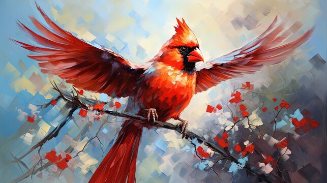 painting style illustration, cardinal bird on flower branch, Generative Ai