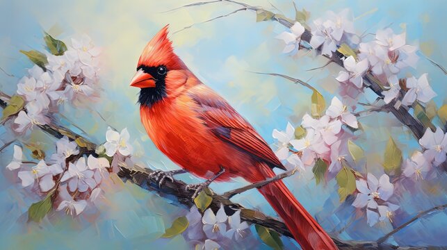 painting style illustration, cardinal bird on flower branch, Generative Ai