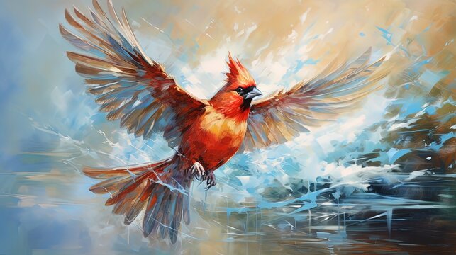 painting style illustration, cardinal bird fly over water pond, Generative Ai
