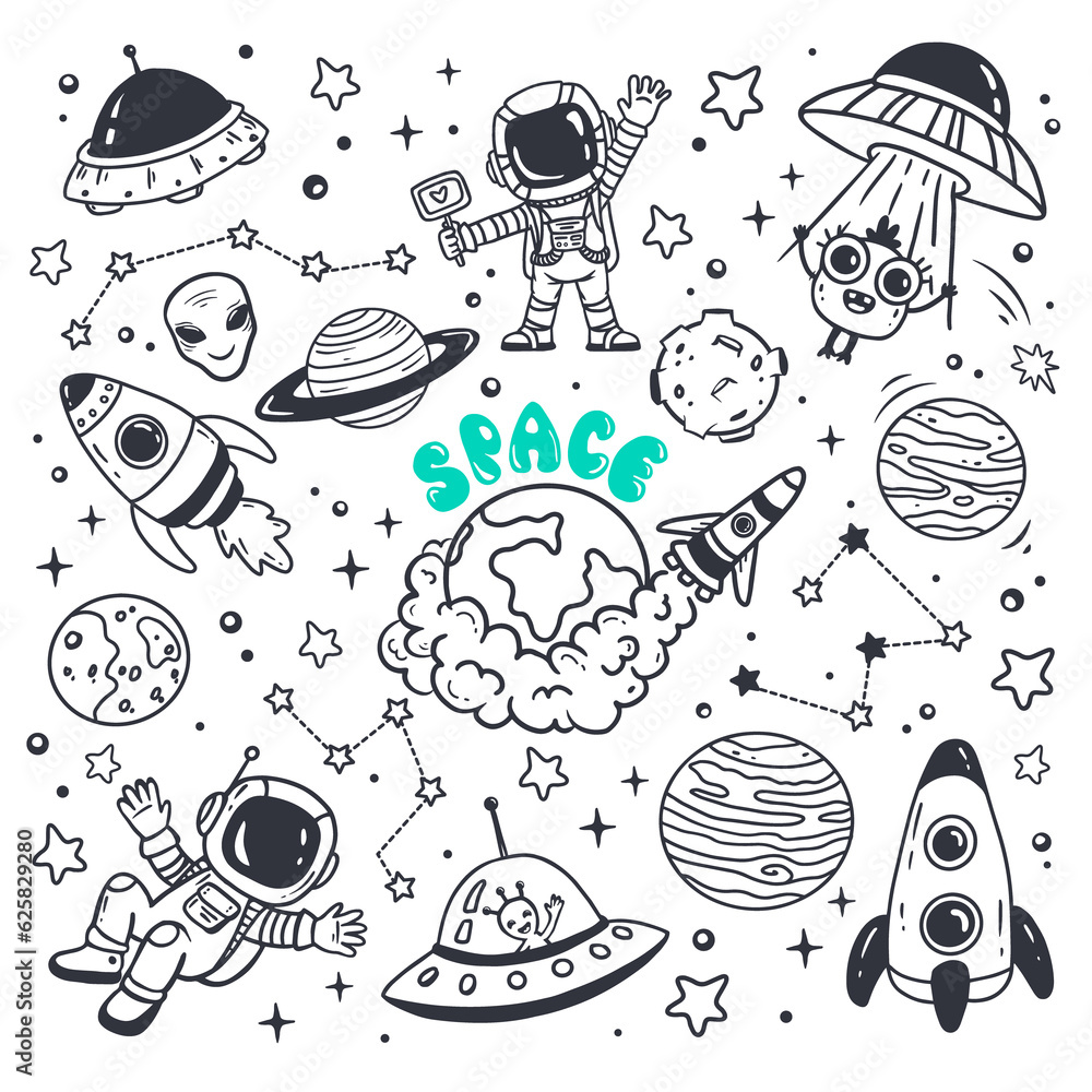 Wall mural set of cosmos in doodle style: astronaut, planets, stars, rocket and alien, monster, ufo for design.