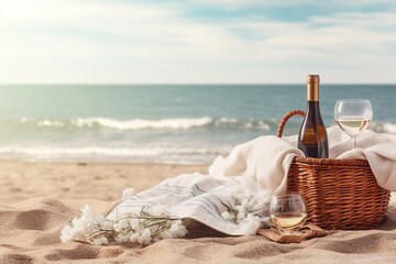 picnic basket with bottle of wine by sea - obrazy, fototapety, plakaty