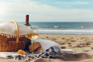 picnic basket with bottle of wine by sea