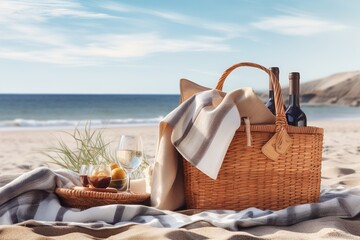 picnic basket with bottle of wine by sea
