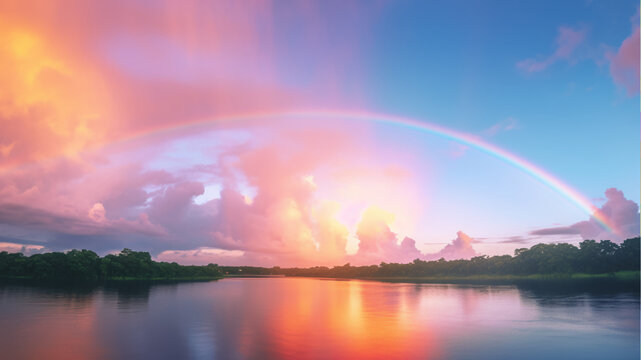 Detailed image of a beautiful rainbow moment in the sky, taken after rain, using a professional mirrorless camera with a wide angle lens and cinematic lighting