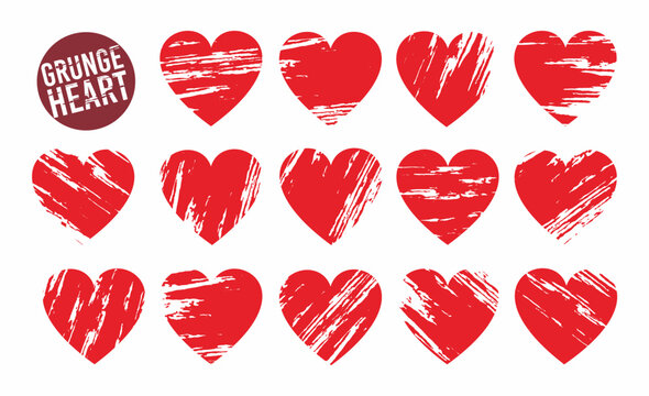 Collection set of red grunge heart. Artistic love icon. Hand drawing sketch heart.