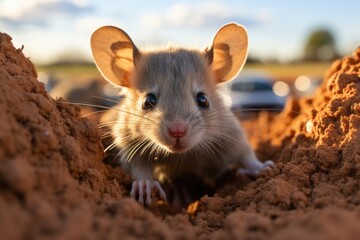 A tiny rodent rests within a dirt hole. (Generative AI)