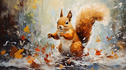 painting style illustration cute squirrel in Autumn wood, Generative Ai - obrazy, fototapety, plakaty