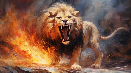 Naklejka premium painting style illustration, big lion roar with color splash, Generative Ai