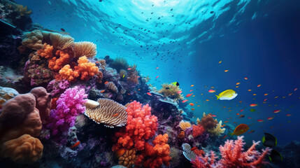 Naklejka na ściany i meble Underwater fish coral pink blue deep ocean beautiful