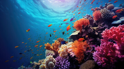 Naklejka na ściany i meble Underwater fish coral pink blue deep ocean beautiful