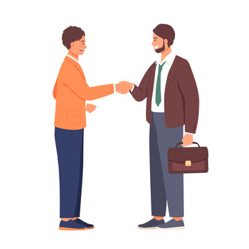 Colleagues shaking hands. Conclusion of agreement. Productive work. Team achievements. Vector characters are happy to make deal. Successful completion of group task. Flat vector illustration