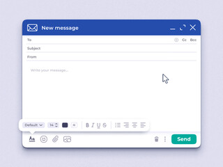 Empty email window. Mail app interface template, sending email mockup and New message UI - obrazy, fototapety, plakaty