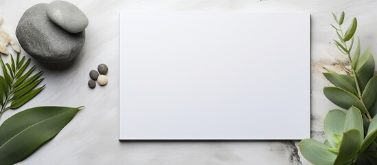 Photo of a blank paper surrounded by rocks and plants with copy space