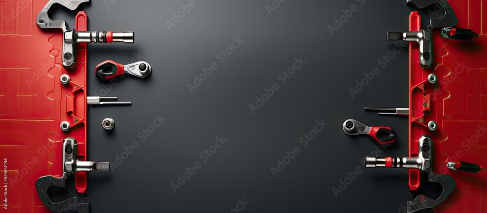 Poster Photo of tools on a vibrant red and black background with plenty of copy space with copy space