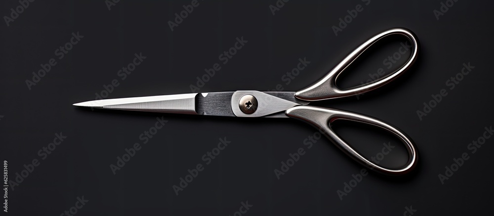 Poster photo of a pair of scissors on a black surface with ample copy space with copy space