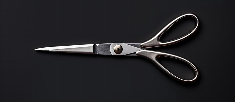 Photo of a pair of scissors on a black surface with ample copy space with copy space
