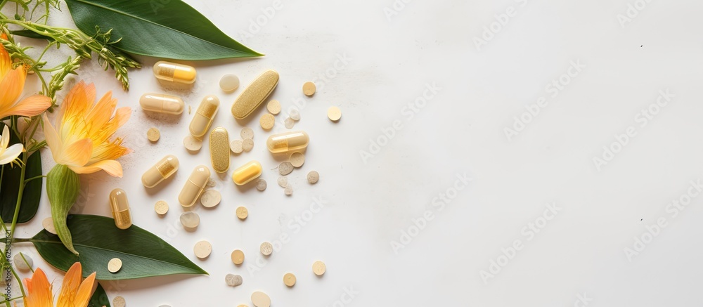 Poster photo of a colorful arrangement of pills and flowers on a table with copy space