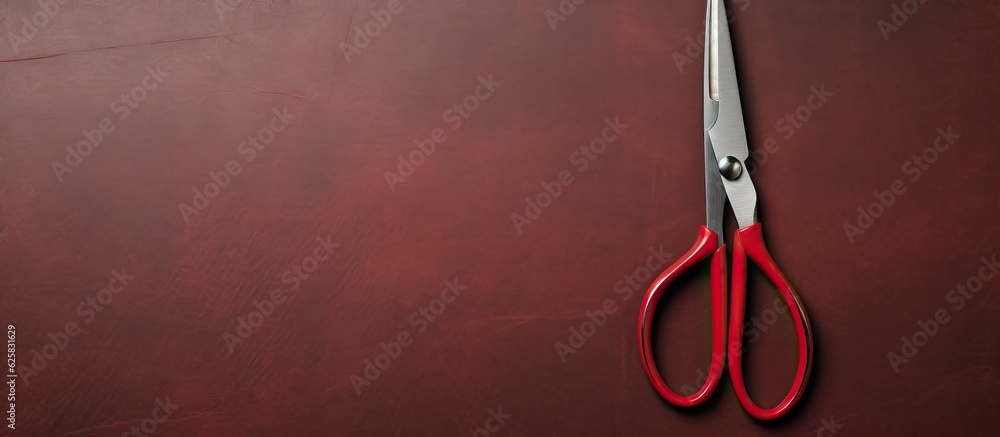 Poster photo of a pair of red scissors on a table with empty space for text or design with copy space