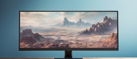 Photo of a computer monitor on a desk with scenic mountain backdrop with copy space