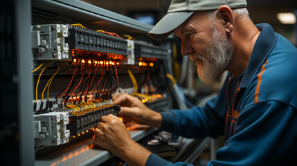 An electrical installer, he fixing a panel. Generative AI