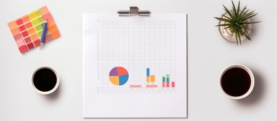 Photo of a clipboard with a pie chart and cups of coffee, representing data analysis and productivity in the workplace with copy space