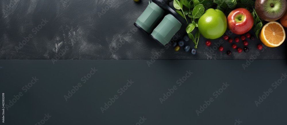 Poster Photo of a colorful display of fresh fruits and vegetables on a wooden table with plenty of space for copy with copy space