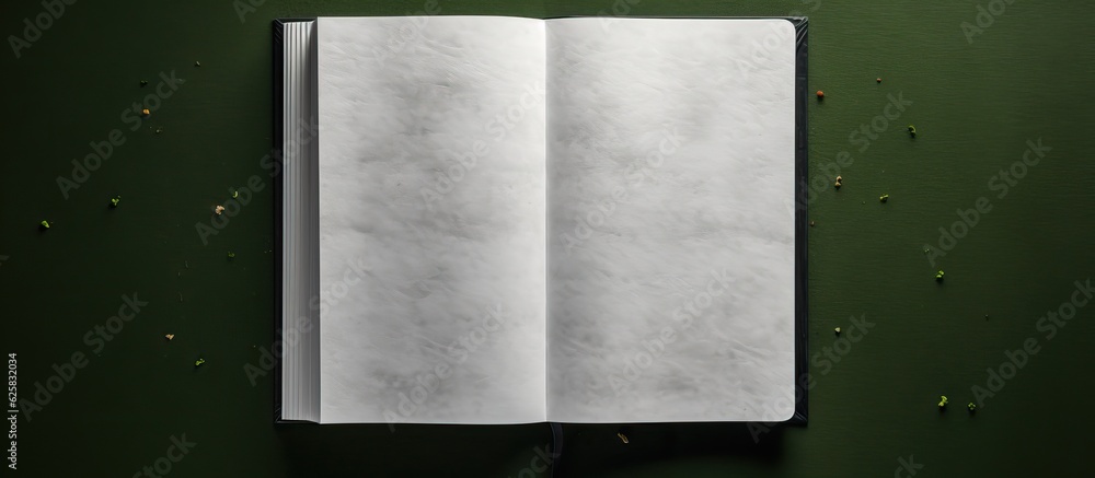 Poster Photo of an open notebook on a green surface with plenty of space for writing or doodling with copy space