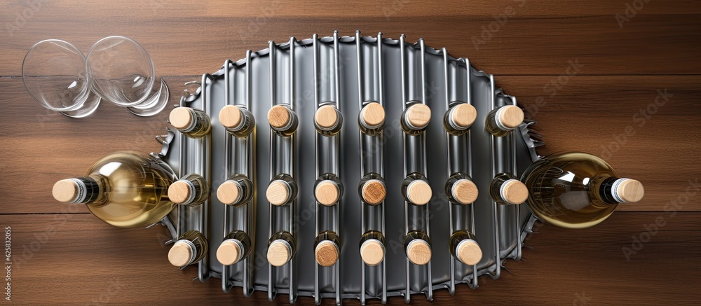Poster photo of a wine rack with glasses on a rustic wooden table, perfect for wine enthusiasts with copy s