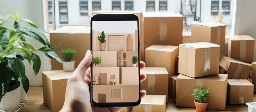 Poster photo of a person holding a cell phone in front of stacked boxes with plenty of copy space with copy