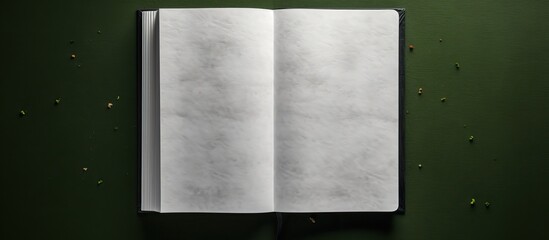 Photo of an open notebook on a green surface with plenty of space for writing or doodling with copy space