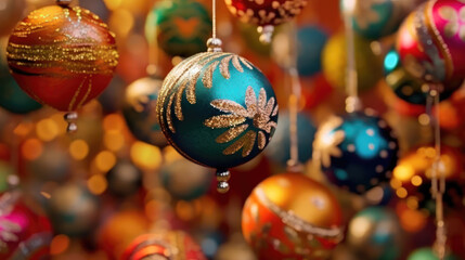 A Collection of Colorful Ornaments Hanging from Strings Images Warm and Festive Background AI Generated
